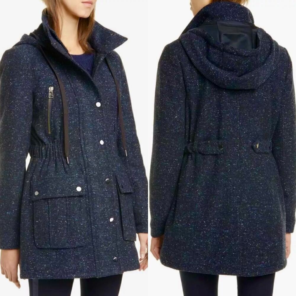 Veronica Beard Tawny Wool Blend Hooded Parka/Coat Navy Blue Tweed Size Small